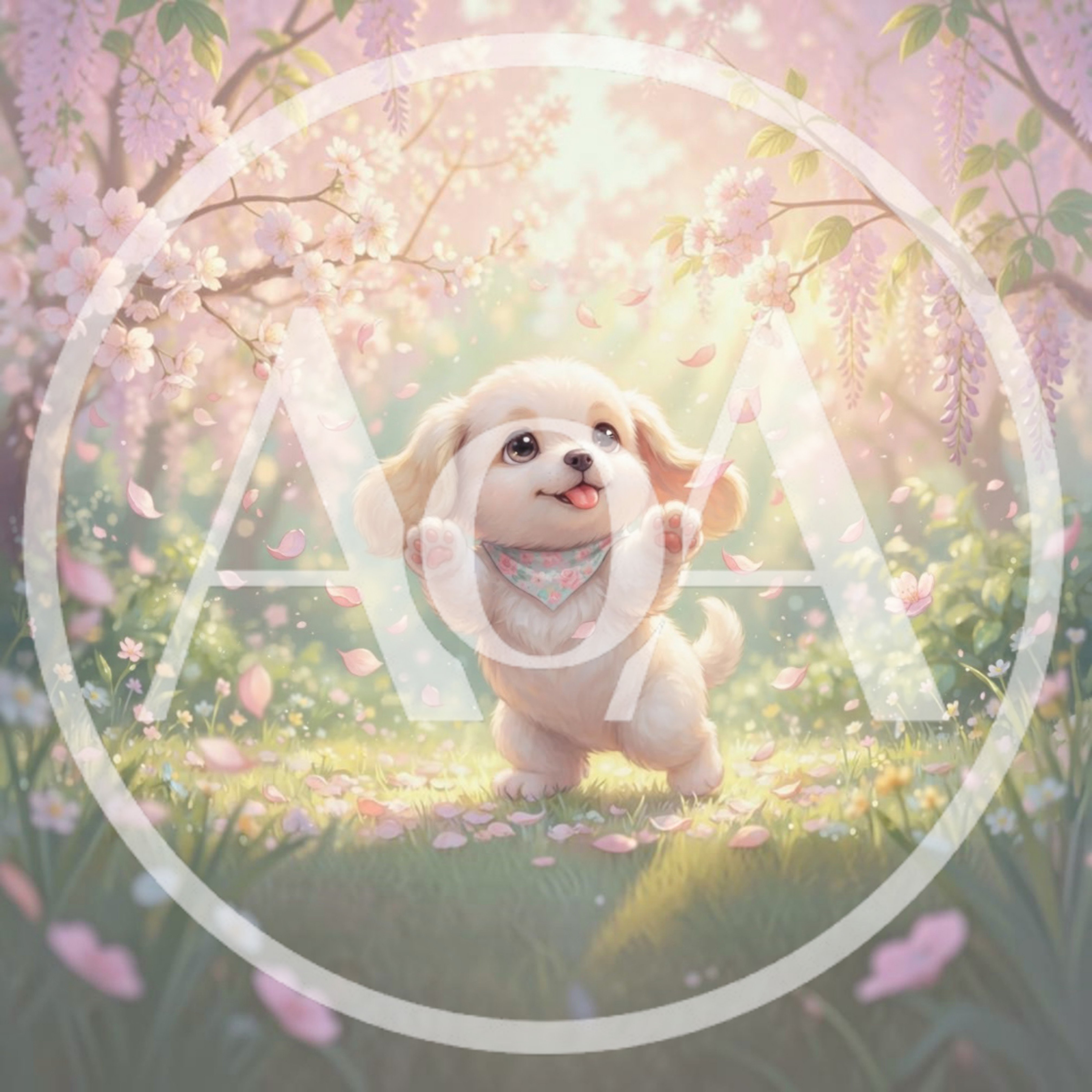 Cute Puppy Playing In A Spring Blossom Garden