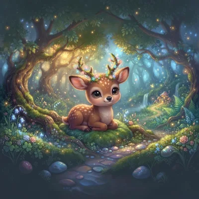 Cute Baby Deer In Enchanted Forest