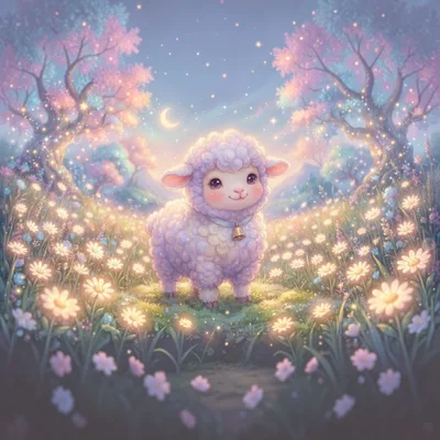 Cute Fluffy Lamb Standing In A Magical Flower Meadow