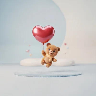 Cute Teddy Bear Floating With A Red Heart Balloon