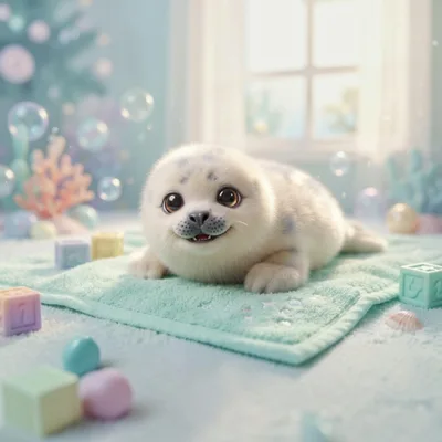 Cute Baby Seal Sitting On A Soft Blanket