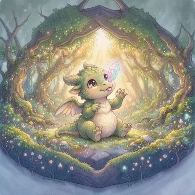 Cute Baby Dragon Playing With A Magical Crystal
