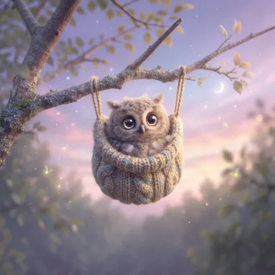 Cute Baby Owl Sitting In A Knitted Basket