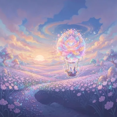 Fantasy Lotus Flower Hot Air Balloon Over Floral Field
