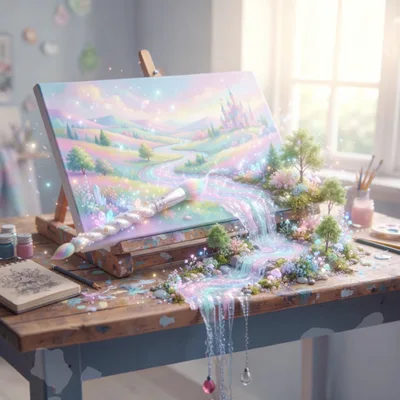 Magical Fantasy Landscape Painting Emerging From Canvas
