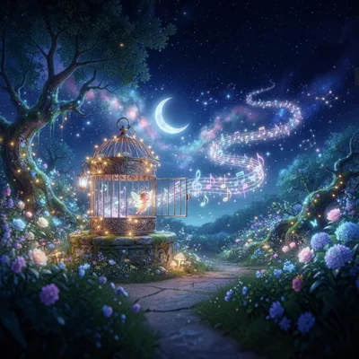 Magical Fairy Releasing Musical Notes From A Golden Cage