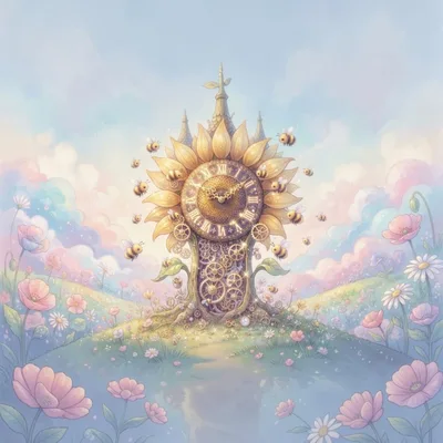 Whimsical Sunflower Clock Tower With Flying Bees