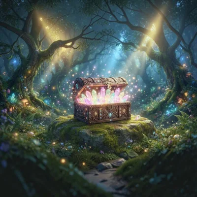Open Treasure Chest Filled With Glowing Magical Crystals
