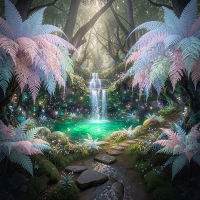 Enchanted Forest Waterfall With Glowing Fairy Lights