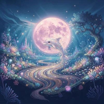 Magical Dolphin Leaping Over Glowing Underwater River