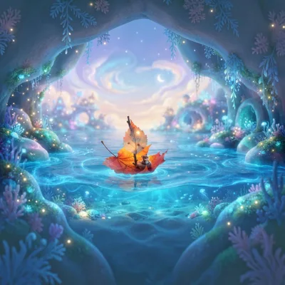 Tiny Mouse Sailing In A Leaf Boat