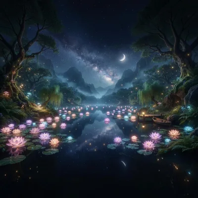 Enchanted Night Lake With Glowing Lotus Flowers