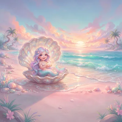 Cute Mermaid Sitting In A Giant Iridescent Seashell