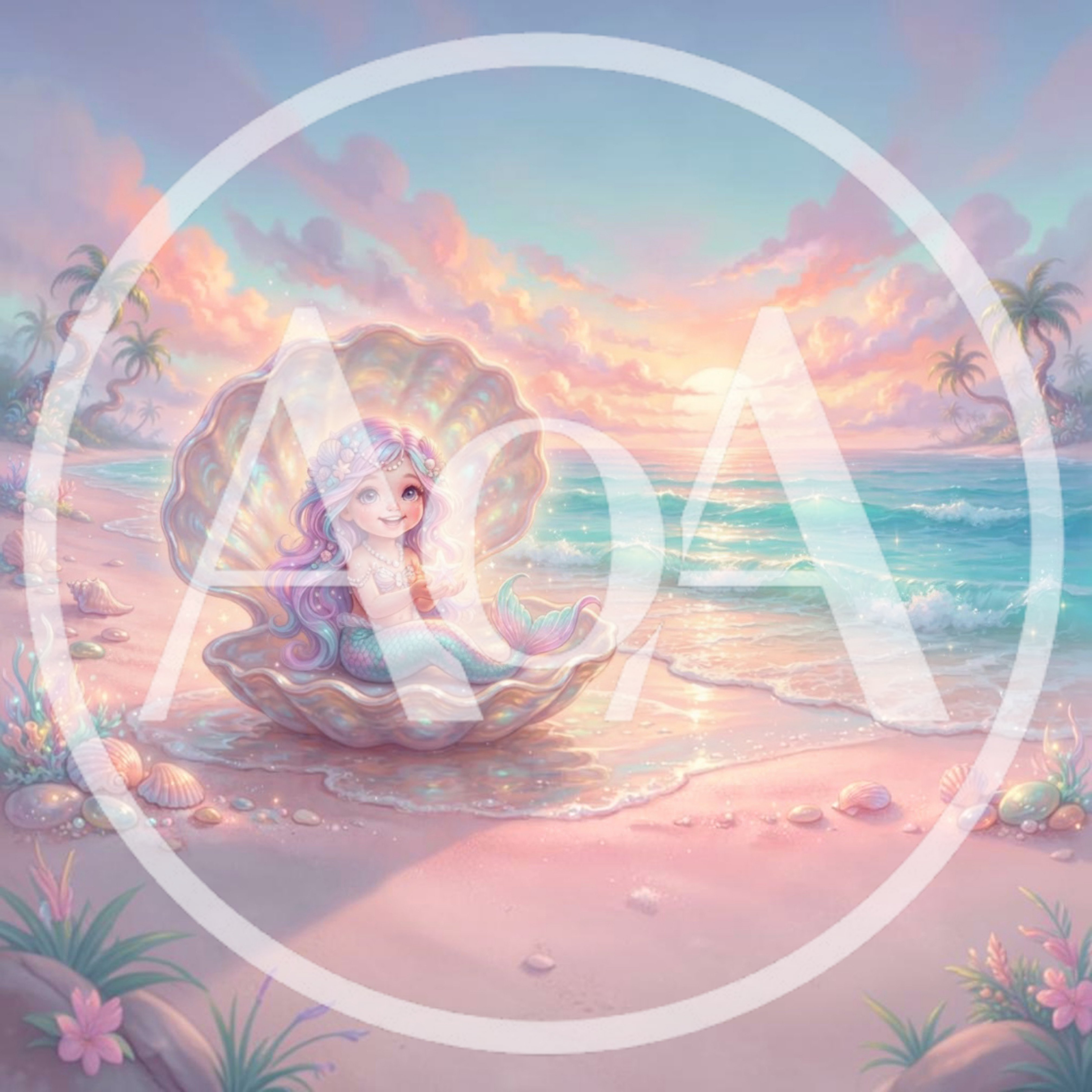 Cute Mermaid Sitting In A Giant Iridescent Seashell