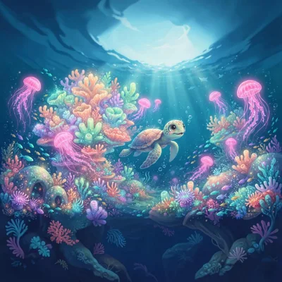 Cute Sea Turtle Swimming In Vibrant Coral Reef