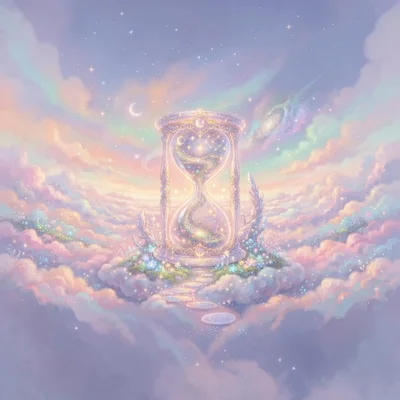 Surreal Hourglass Floating Amidst Pastel Dreamy Clouds