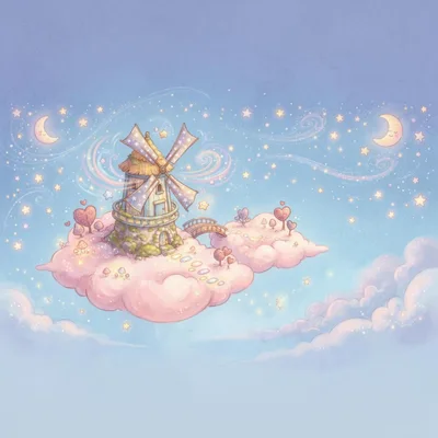 Whimsical Windmill Floating On A Pink Cloud