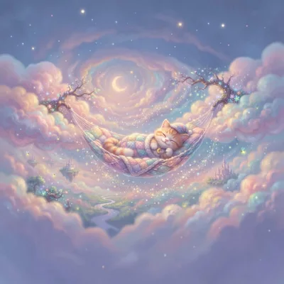 Cute Kitten Sleeping In A Magical Cloud Hammock
