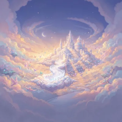 Fantasy Castle Floating Above Clouds With Staircase