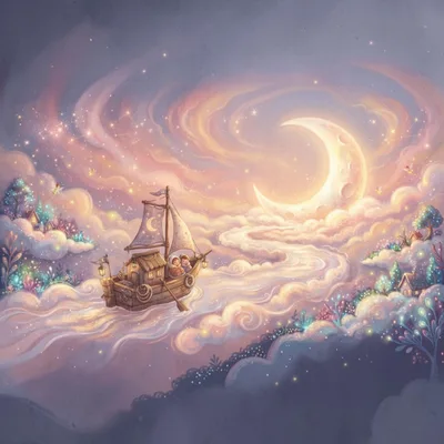 Children Sailing A Wooden Boat Through Dreamy Clouds