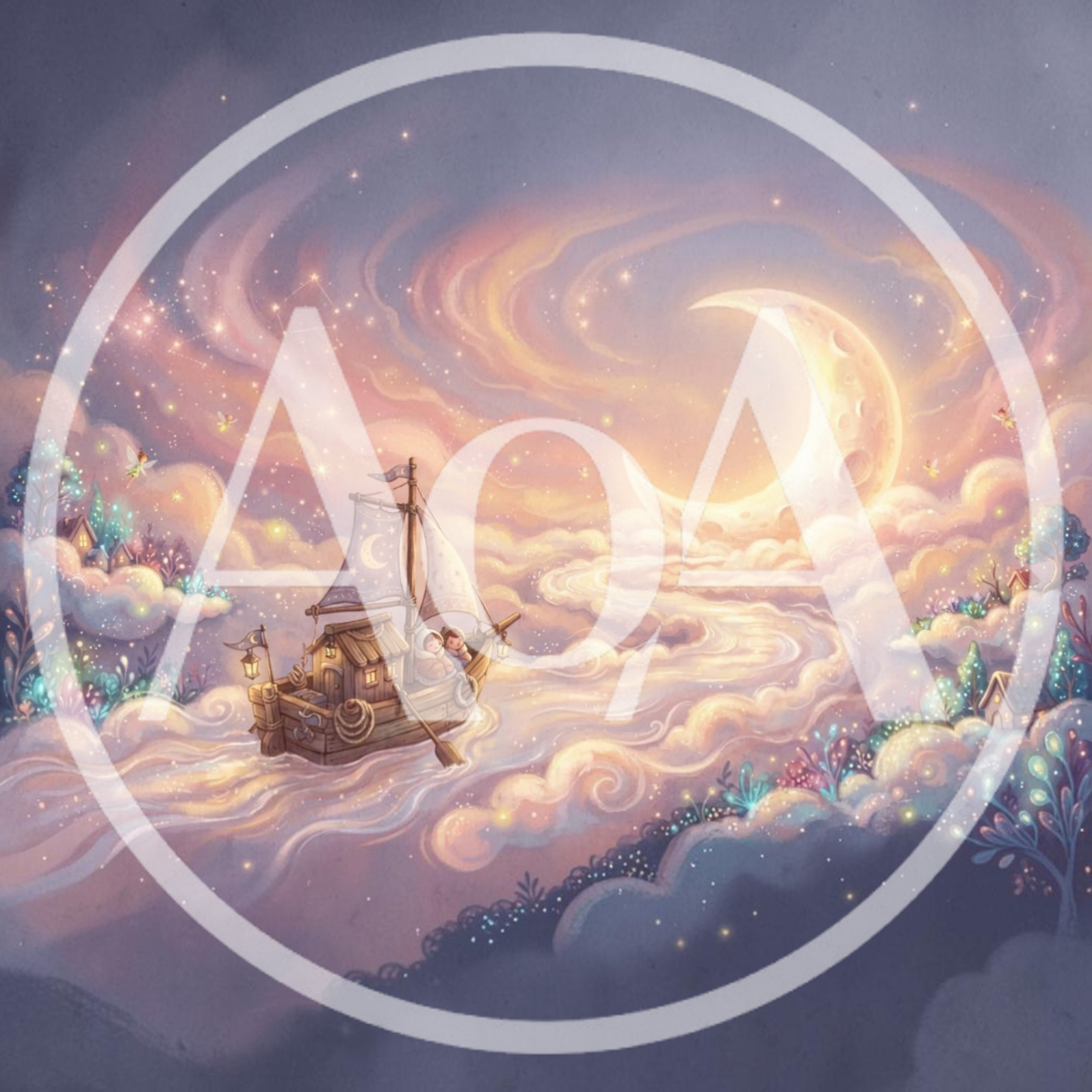 Children Sailing A Wooden Boat Through Dreamy Clouds