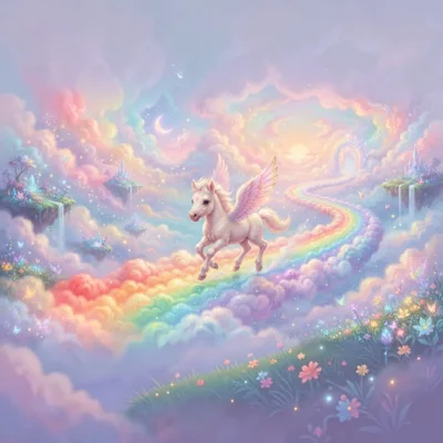 Pegasus Flying Over A Magical Rainbow Cloud Kingdom