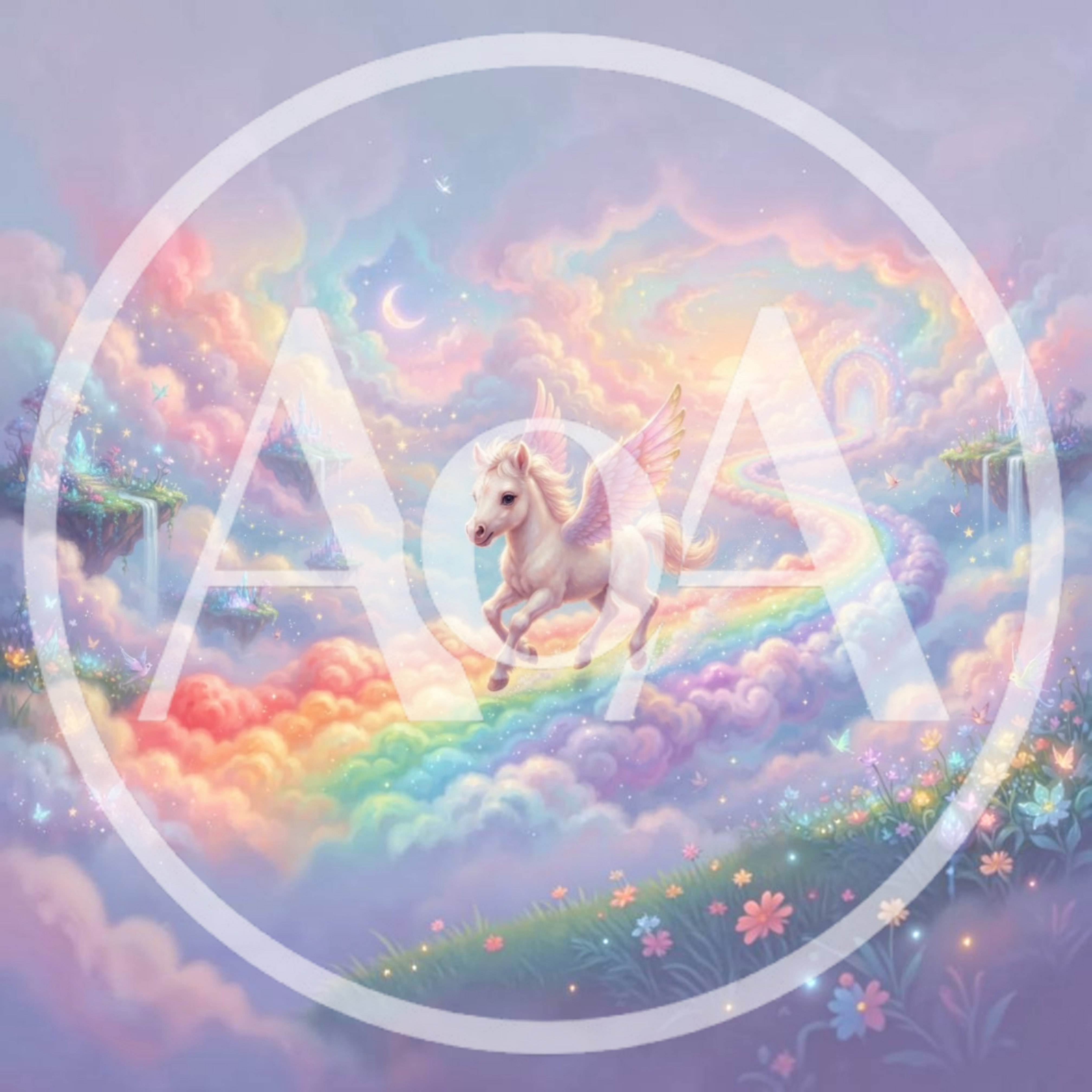 Pegasus Flying Over A Magical Rainbow Cloud Kingdom
