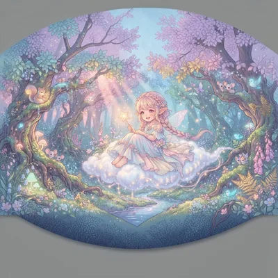Cute Fairy Sitting On A Cloud In Enchanted Forest