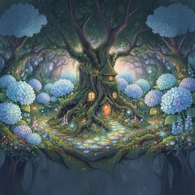 Enchanted Tree House In A Magical Hydrangea Forest