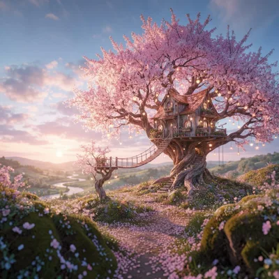 Whimsical Treehouse Nestled In A Blooming Cherry Blossom Tree