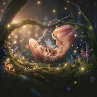Tiny Fairy Sleeping In A Tulip Flower Cradle