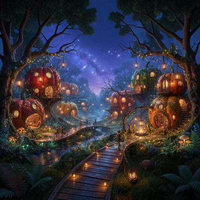 Whimsical Pumpkin House Village In Enchanted Forest