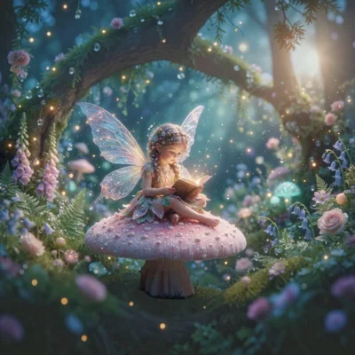 Fairy Reading A Glowing Book On A Mushroom