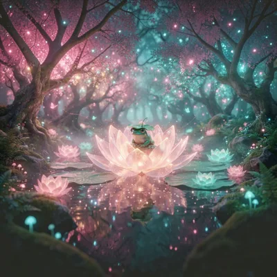Cute Frog Sitting On A Glowing Lotus Flower