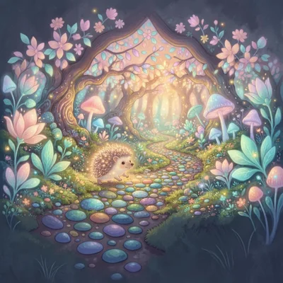 Cute Hedgehog Walking On A Magical Forest Path