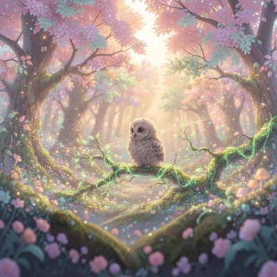 Cute Fluffy Owl Perched In Enchanted Forest