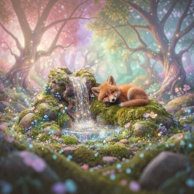 Cute Red Fox Resting By A Magical Forest Waterfall