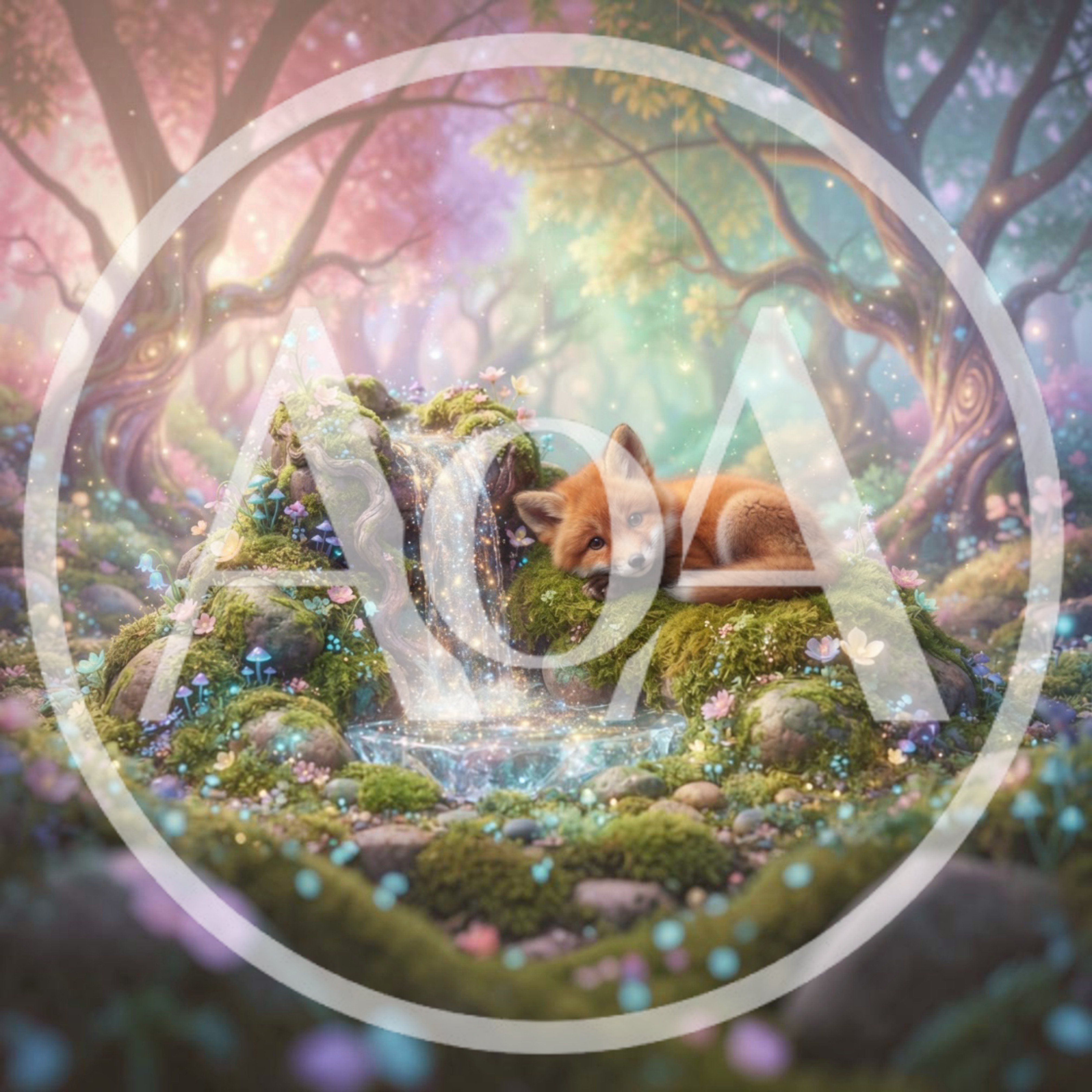 Cute Red Fox Resting By A Magical Forest Waterfall