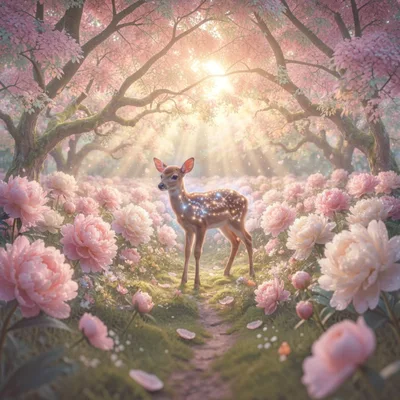 Magical Fawn Standing In A Blooming Peony Garden