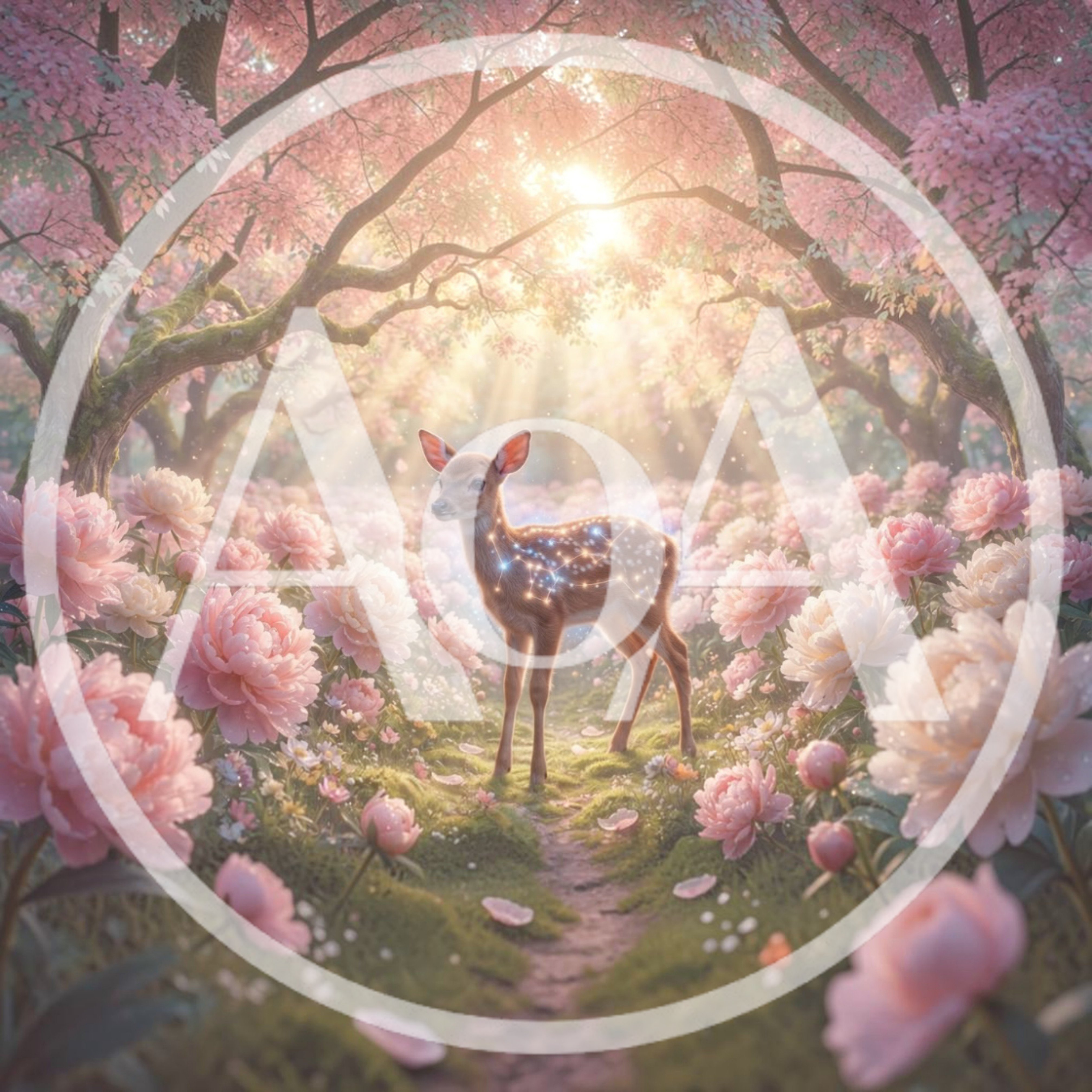 Magical Fawn Standing In A Blooming Peony Garden