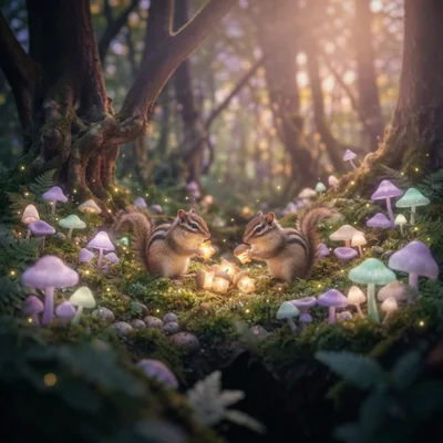Two Chipmunks Holding Glowing Acorns in Enchanted Forest