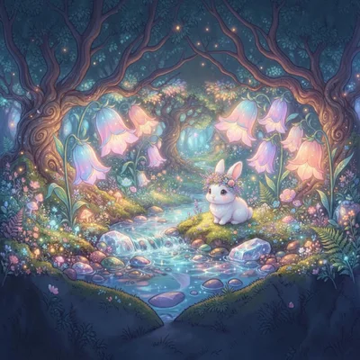 Cute White Rabbit In Enchanted Forest Stream