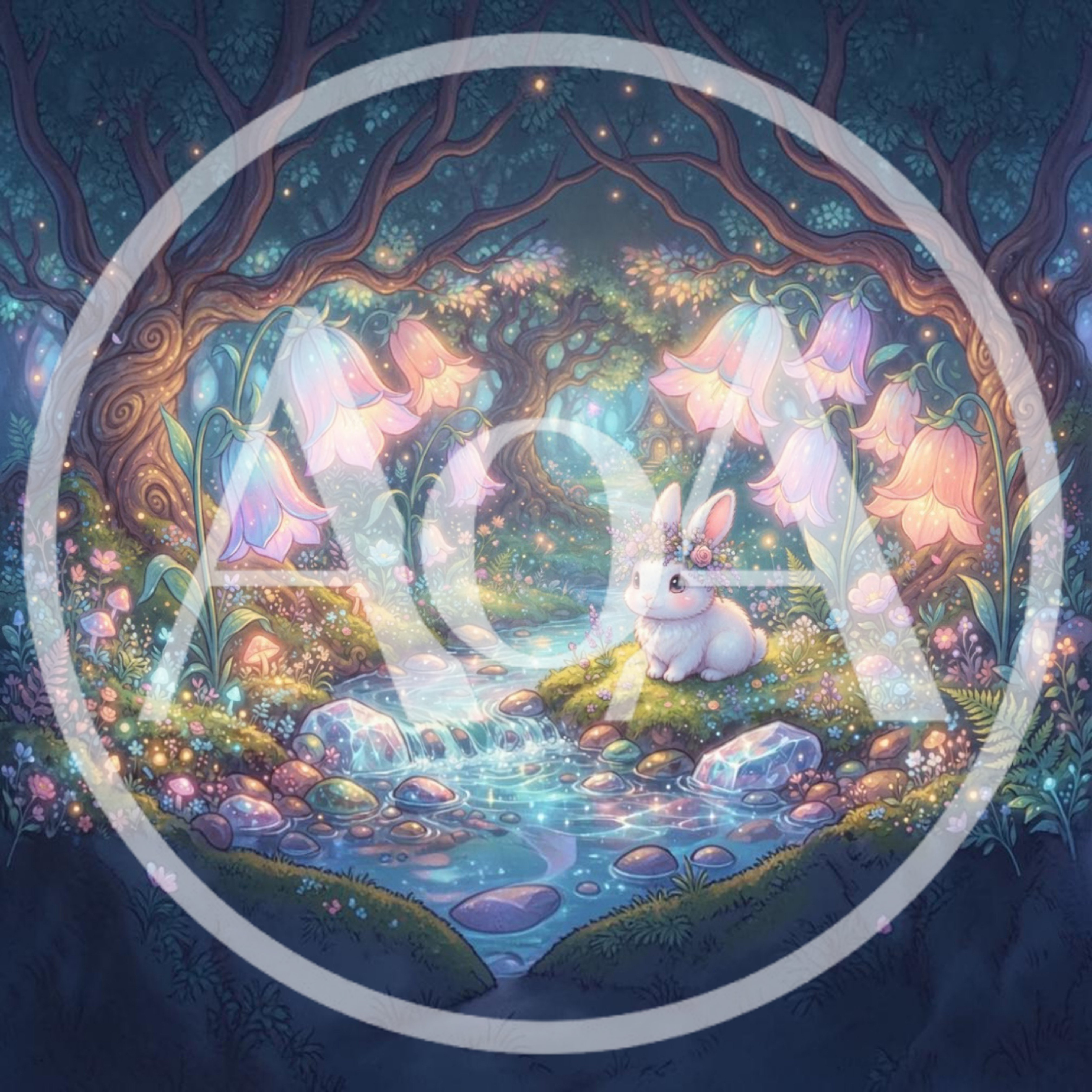Cute White Rabbit In Enchanted Forest Stream