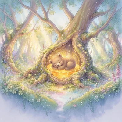 Cute Baby Bear Sleeping In A Honey Tree Hollow