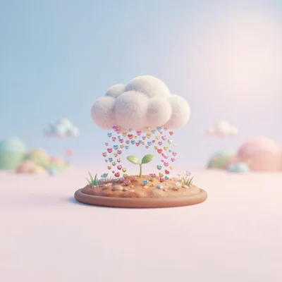 3D Render of a Cloud Raining Hearts onto a Sprout