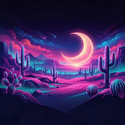 Neon Desert Landscape With Crescent Moon