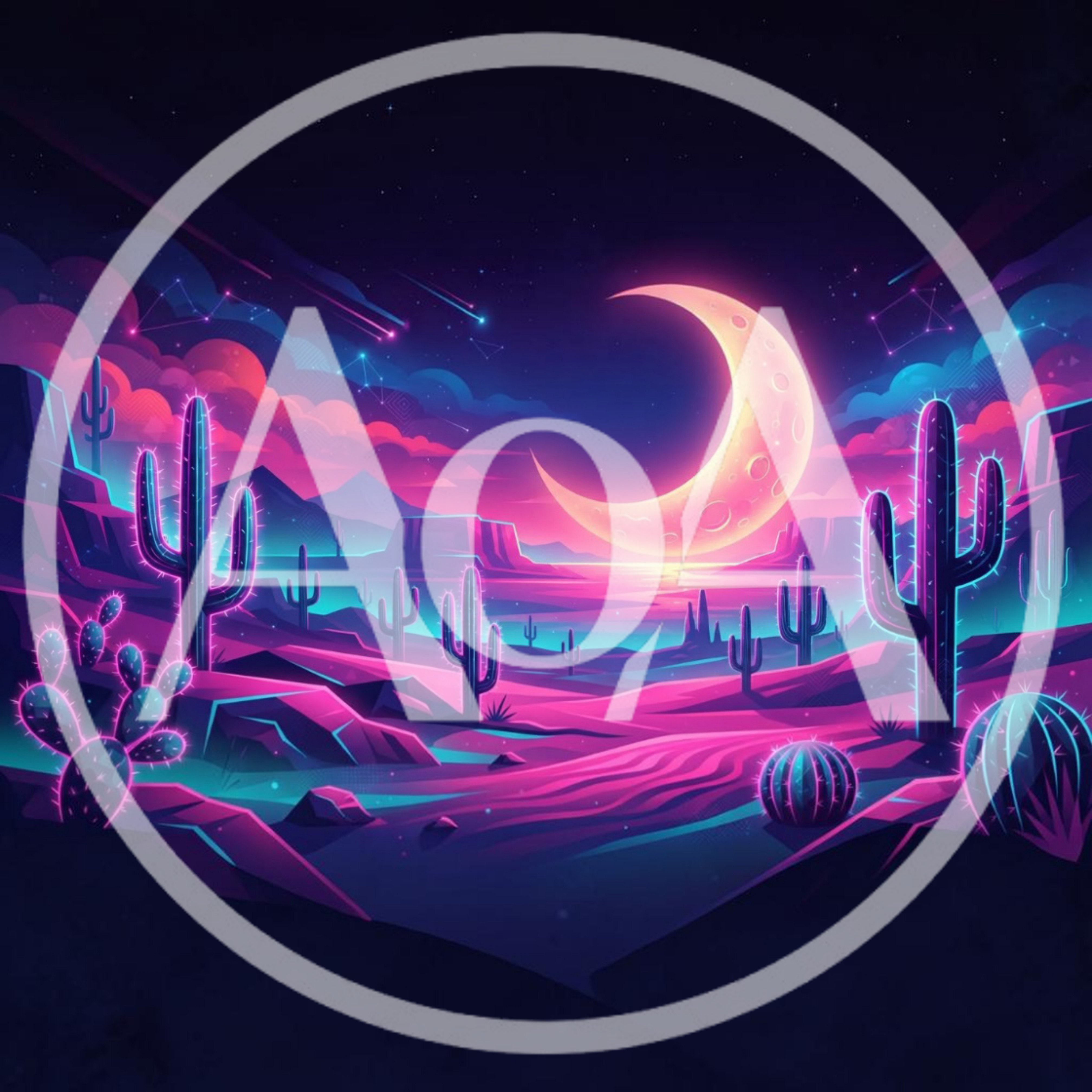 Neon Desert Landscape With Crescent Moon