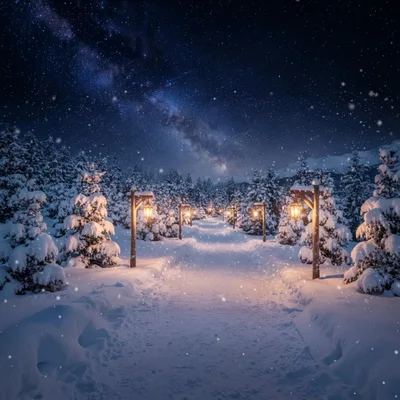 Snowy Forest Path Illuminated By Vintage Lanterns At Night