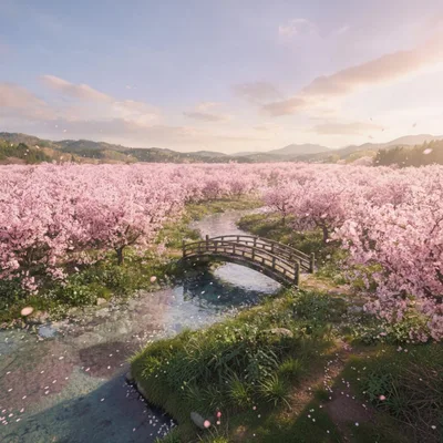 Wooden Bridge Over A Serene Cherry Blossom Stream