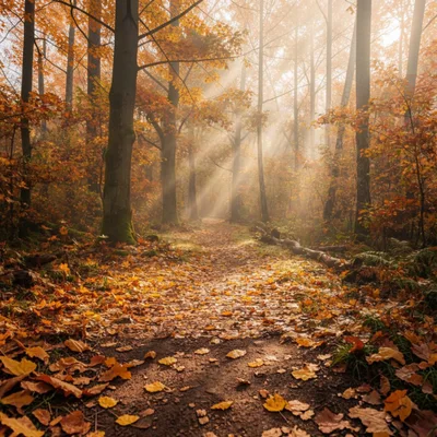 Sunlight Streaming Through Autumn Forest Path